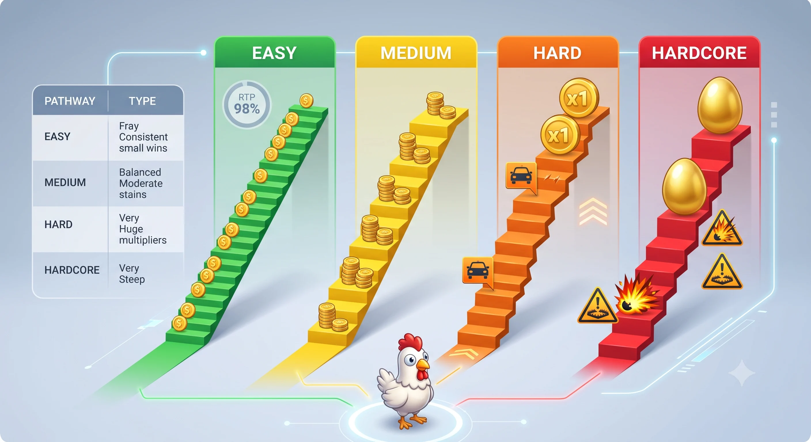 Chicken Road difficulty guide showing Easy Medium Hard and Hardcore risk levels